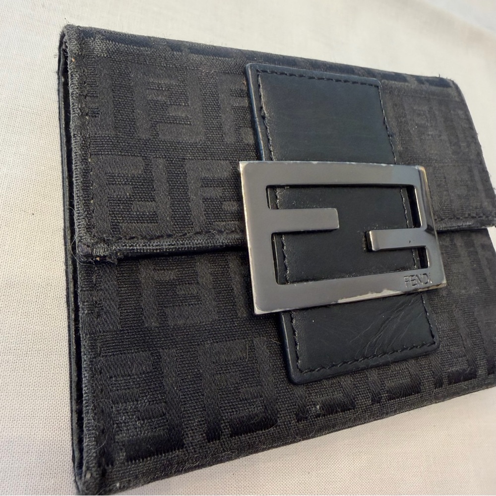 Fendi Zucca FF Logo Trifold Wallet Black Canvas Leather Metal Buckle - Picture 3 of 9